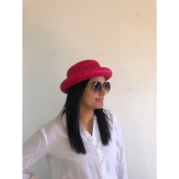 vtg pink hat, vintage straw hat, vtg summer hat